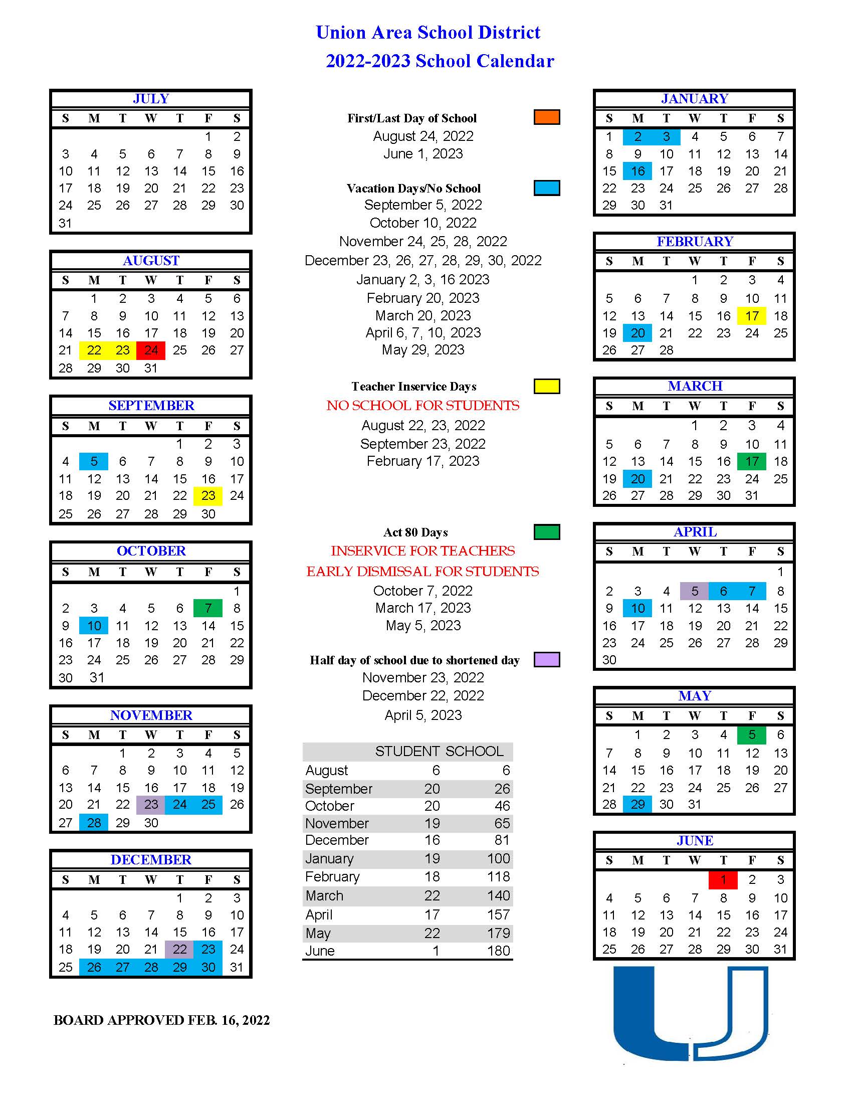 School Calendar Union Area School District